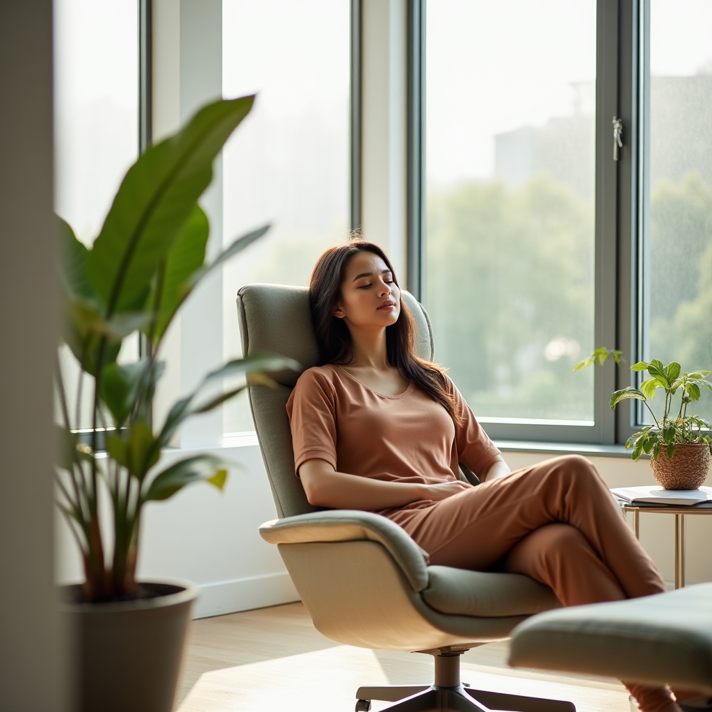 Persona descansando en un espacio tranquilo antes de una jornada de trabajo productiva