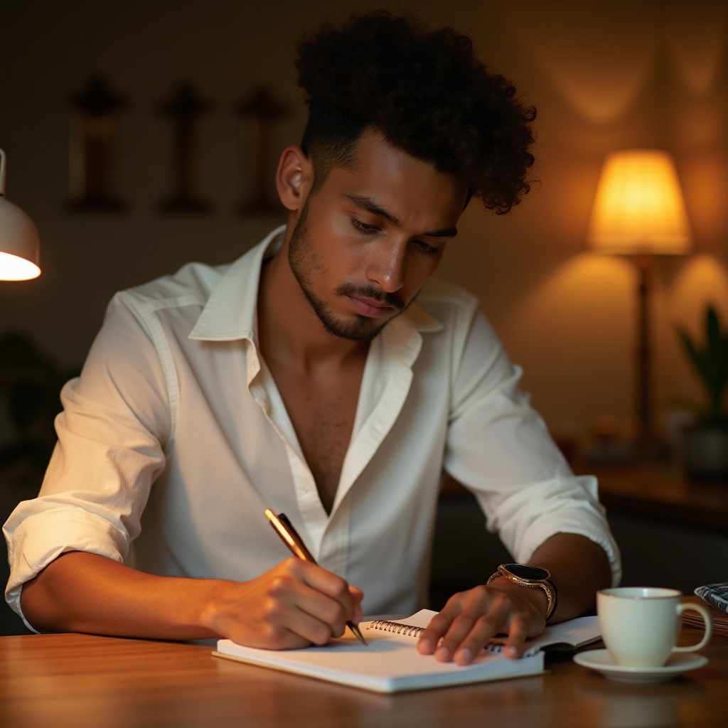 Persona realizando una revisión semanal de sus metas y hábitos en un cuaderno